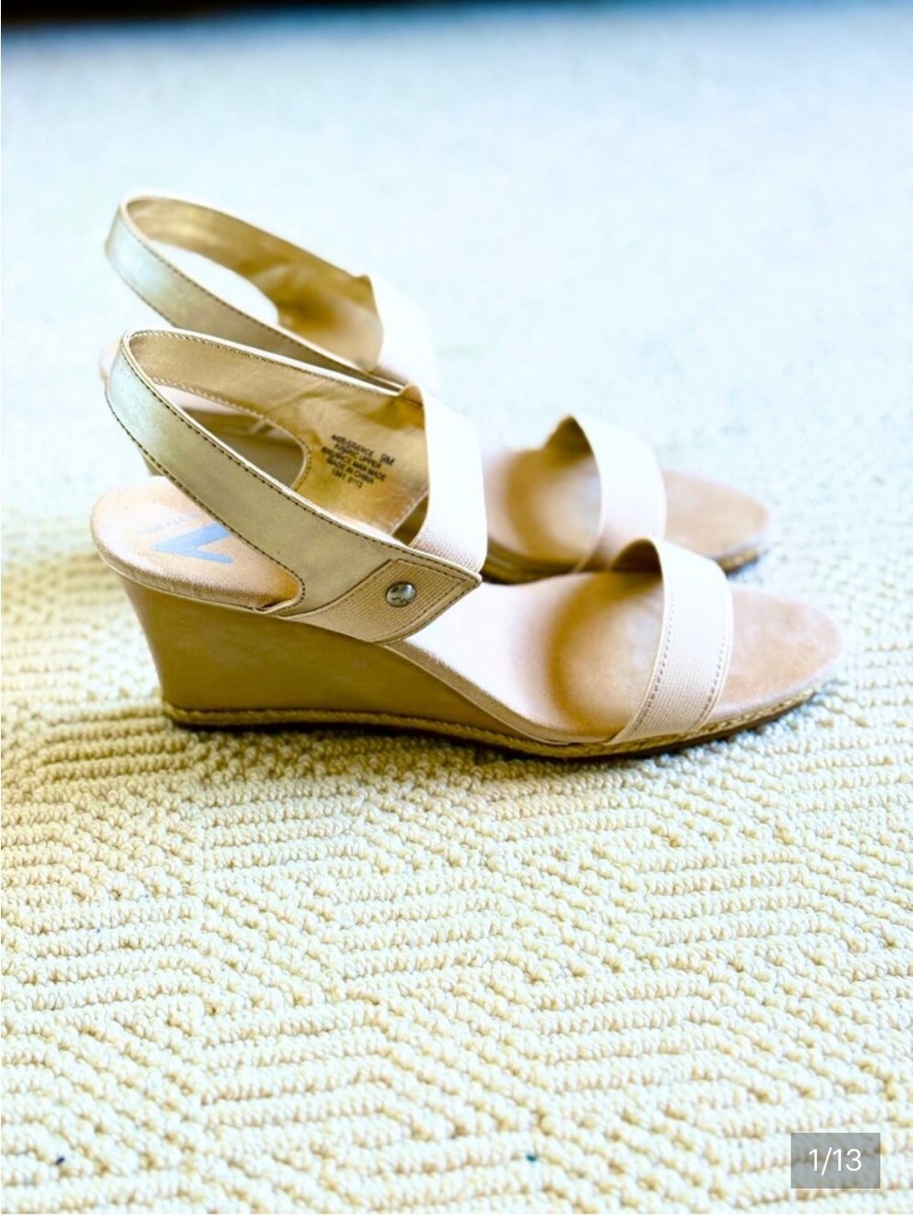 Anne Klein Sport AKFlorence Wedge Sandals 9M Gold Beige Stretch Comfort iFlex